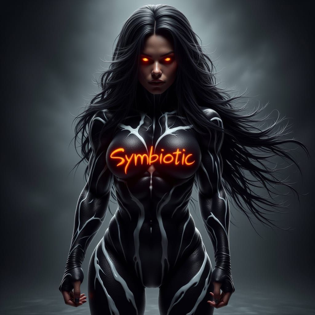 Muscular Woman with Venom Tattoos, Sinister Mood