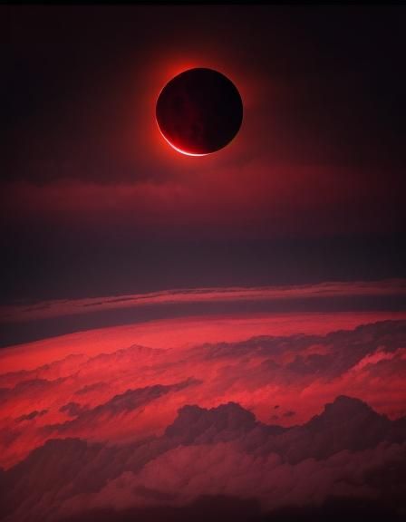 Dark Red Sky with Red Clouds and Dim Moon