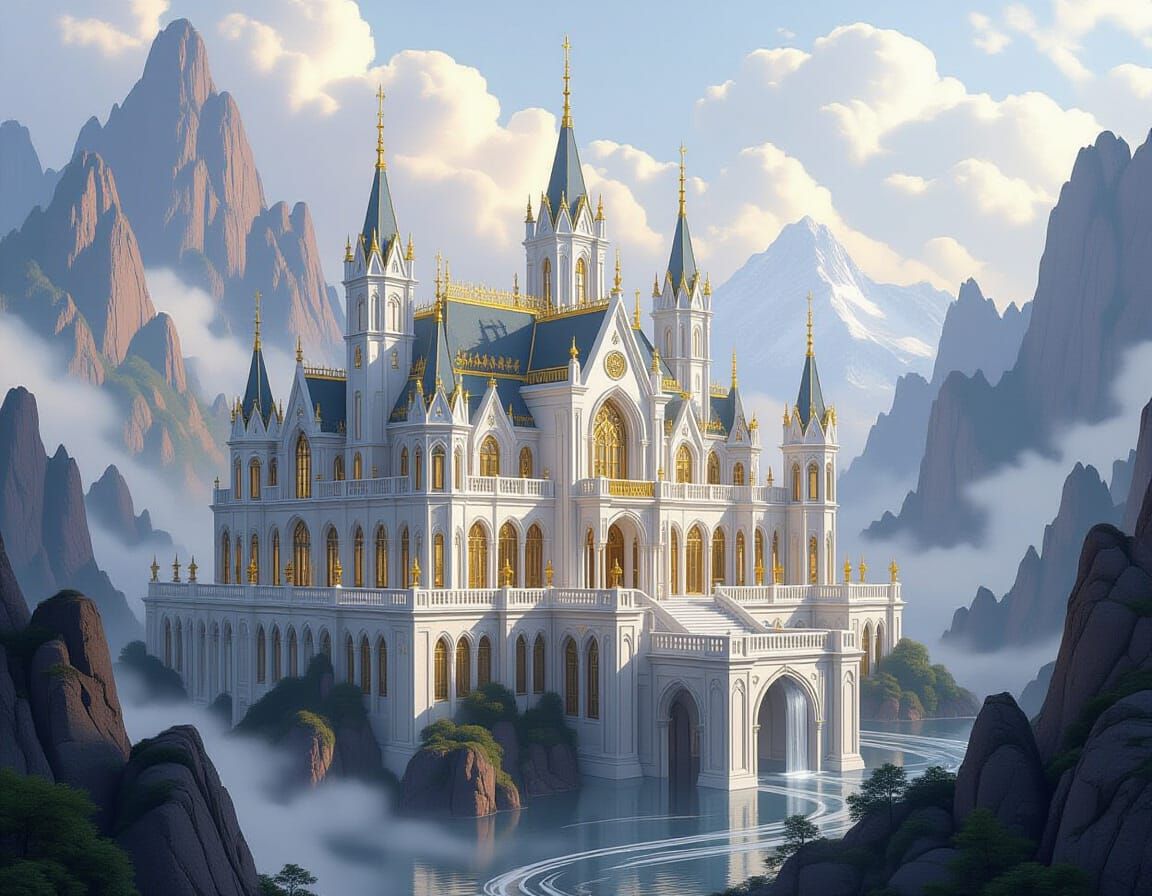 Gothic Mansion with Marble Buttresses in Misty Landscape