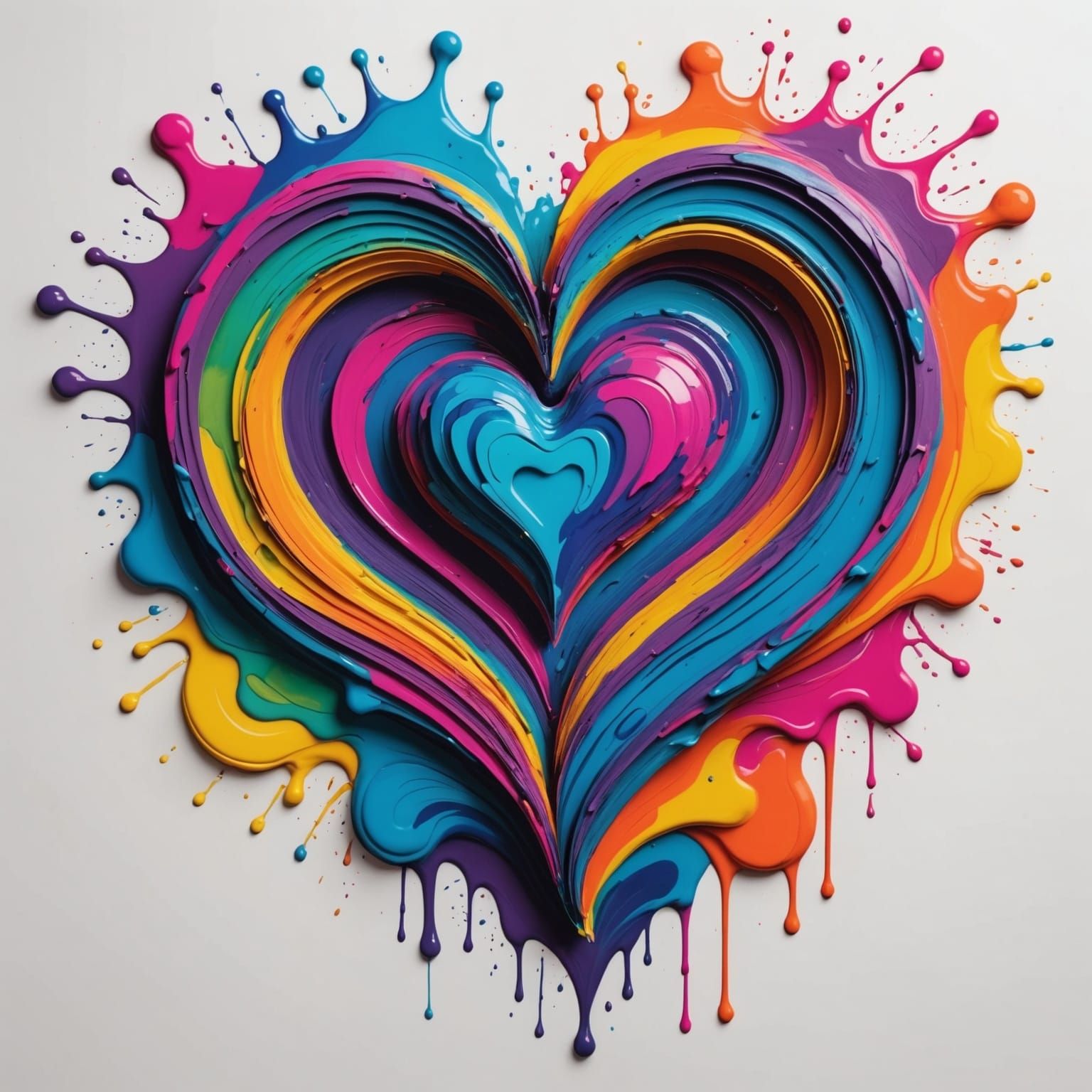 Colorful 3D Heart with Ink Stains, Splash Art