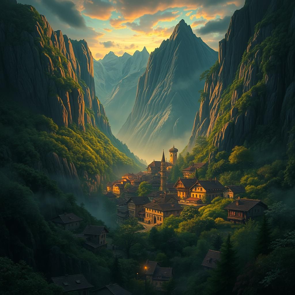 Ghibli-Style Mountain Town Matte Painting