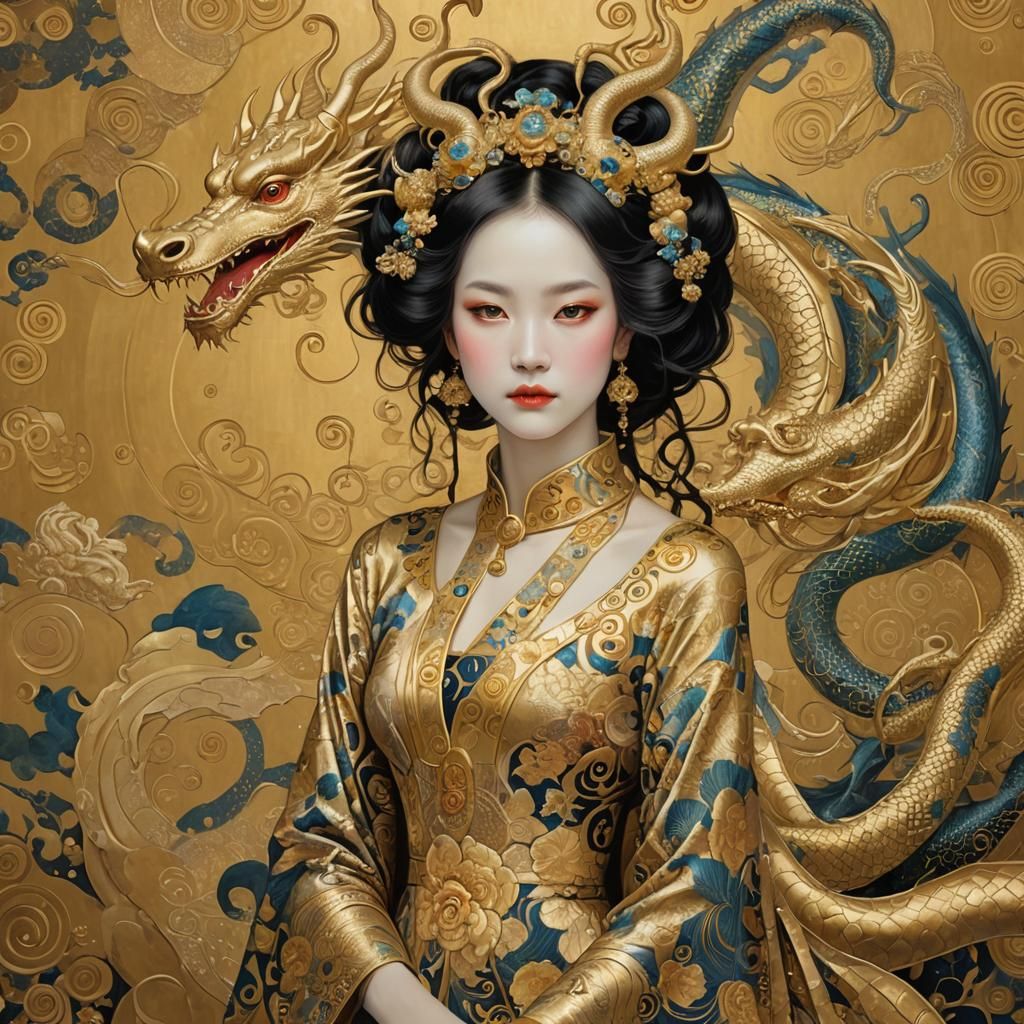 Beauty PORTRAIT WOMAN; BACKGROUND: dragon WALLPAPER, gold, colour, 🐲🌕✨️🎗, in the style of Gustav Klimt, Ito Jakuchu