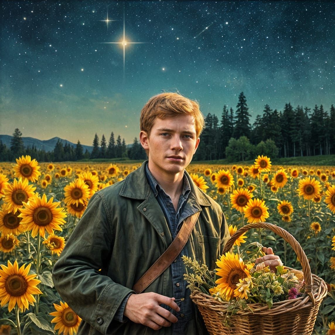 Redhead Man in Vintage Clothes with Sunflowers, Oil Painting