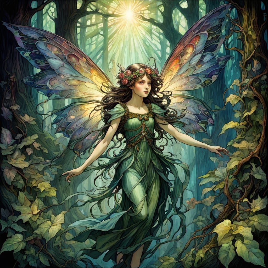 Mystical Fairy with Stained Glass Wings in Dark Forest