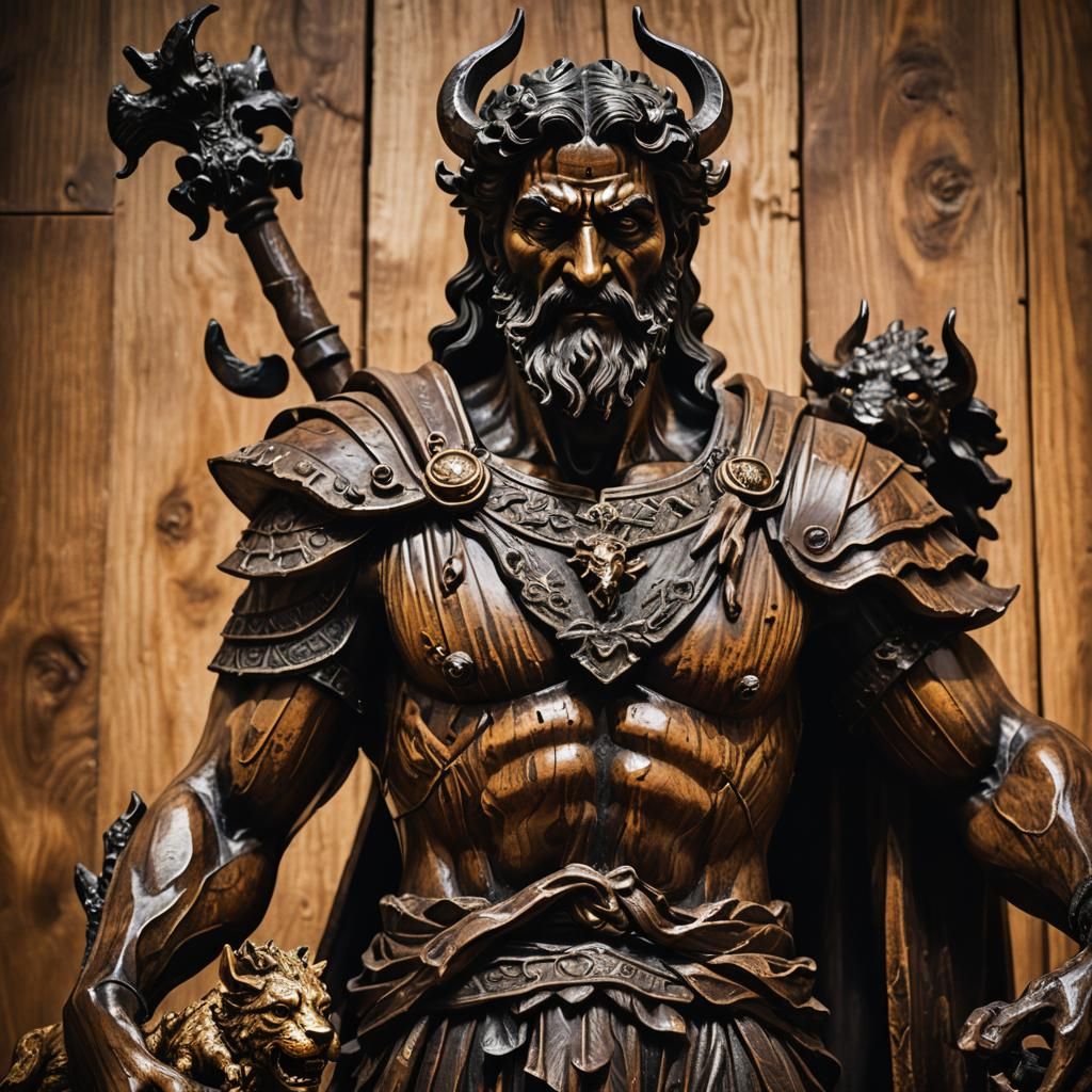 Wooden Hades Statue with Cerberus in Fine Art Photo