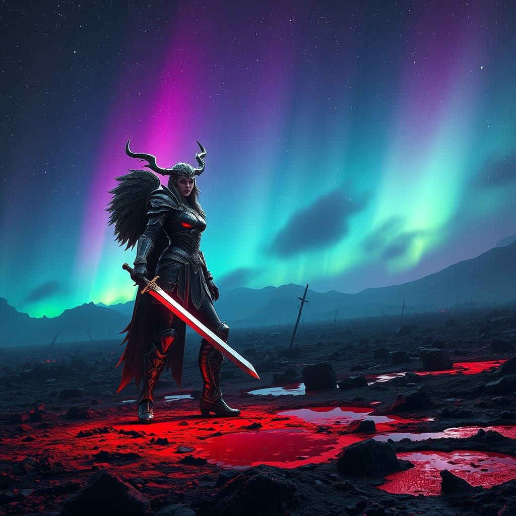 Valkyrie on a Bloody Battlefield Under the Aurora Australis