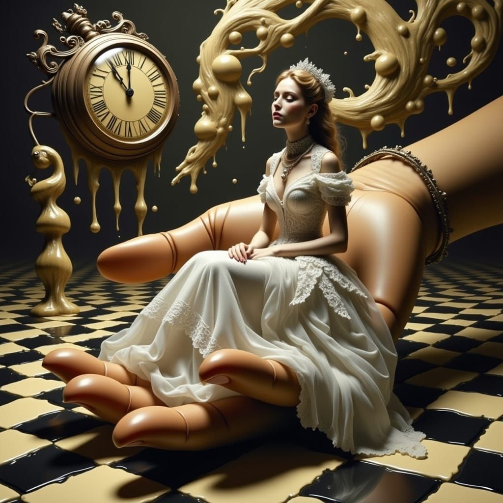 Hyperrealistic Scene of Melting Chess Pieces and a Victorian...