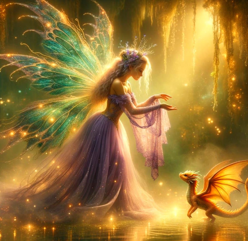 Ethereal Fairy Welcomes Baby Dragon in Golden Wonderland