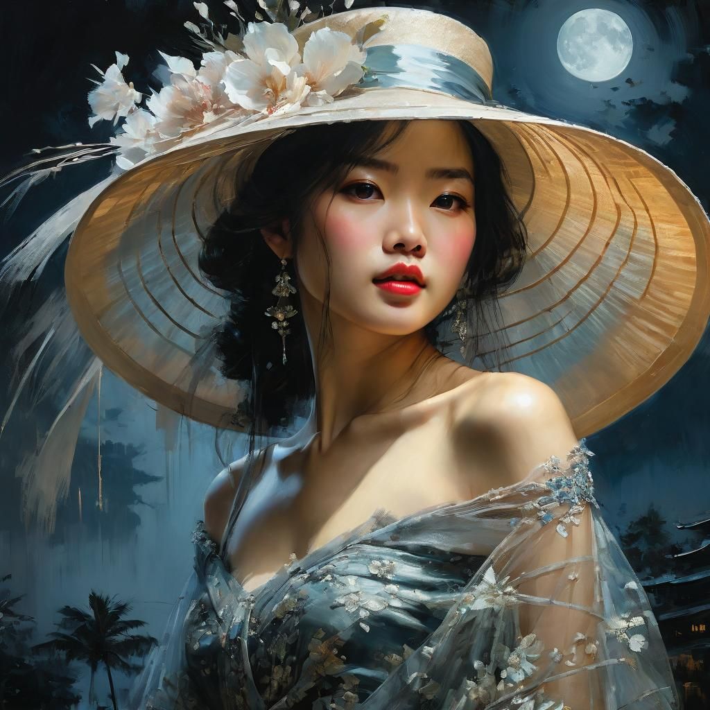 Elegant Asian Woman in Hat, Fine Art Portrait