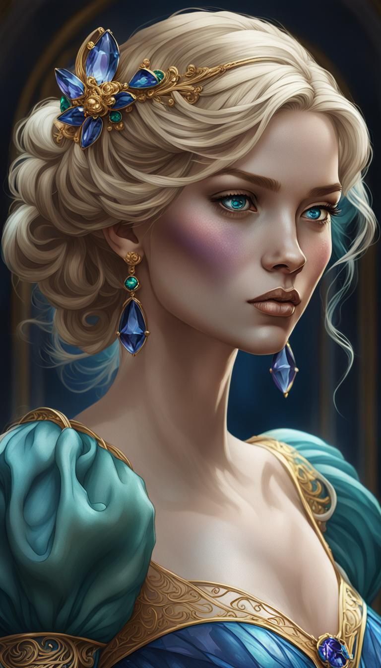 Cinderella Portrait in Sapphire and Emerald, Fantasy Art