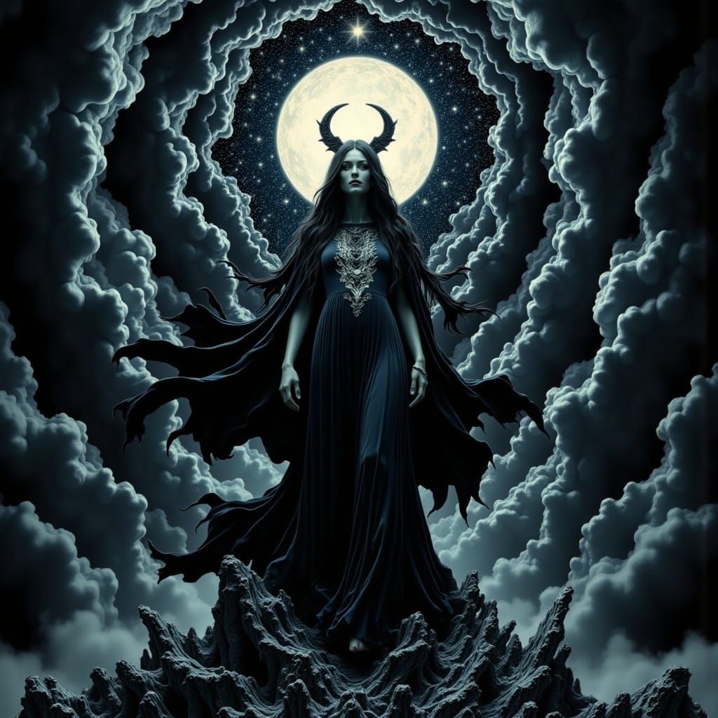 Dark Goddess of the Night Sky in Cyberpunk Surrealism