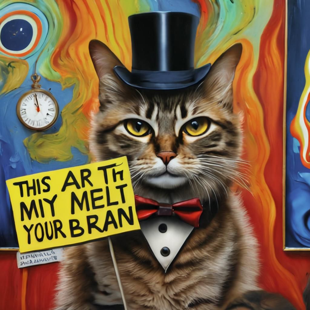 Surrealism. Medium shot. A cat holding a warning sign in fro...