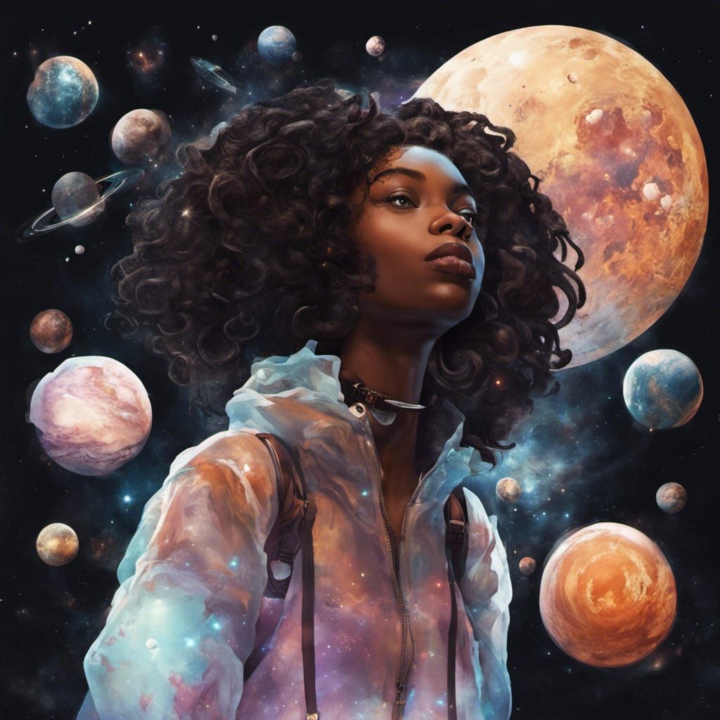 Black girl floating out in the universe overlooking other 
worlds.