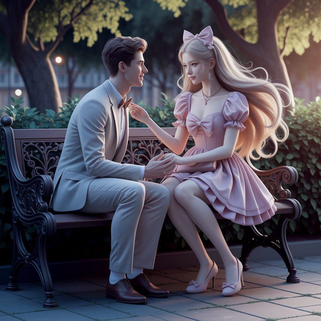 Androgynous Man in Dress on Park Bench, Fantasy Art