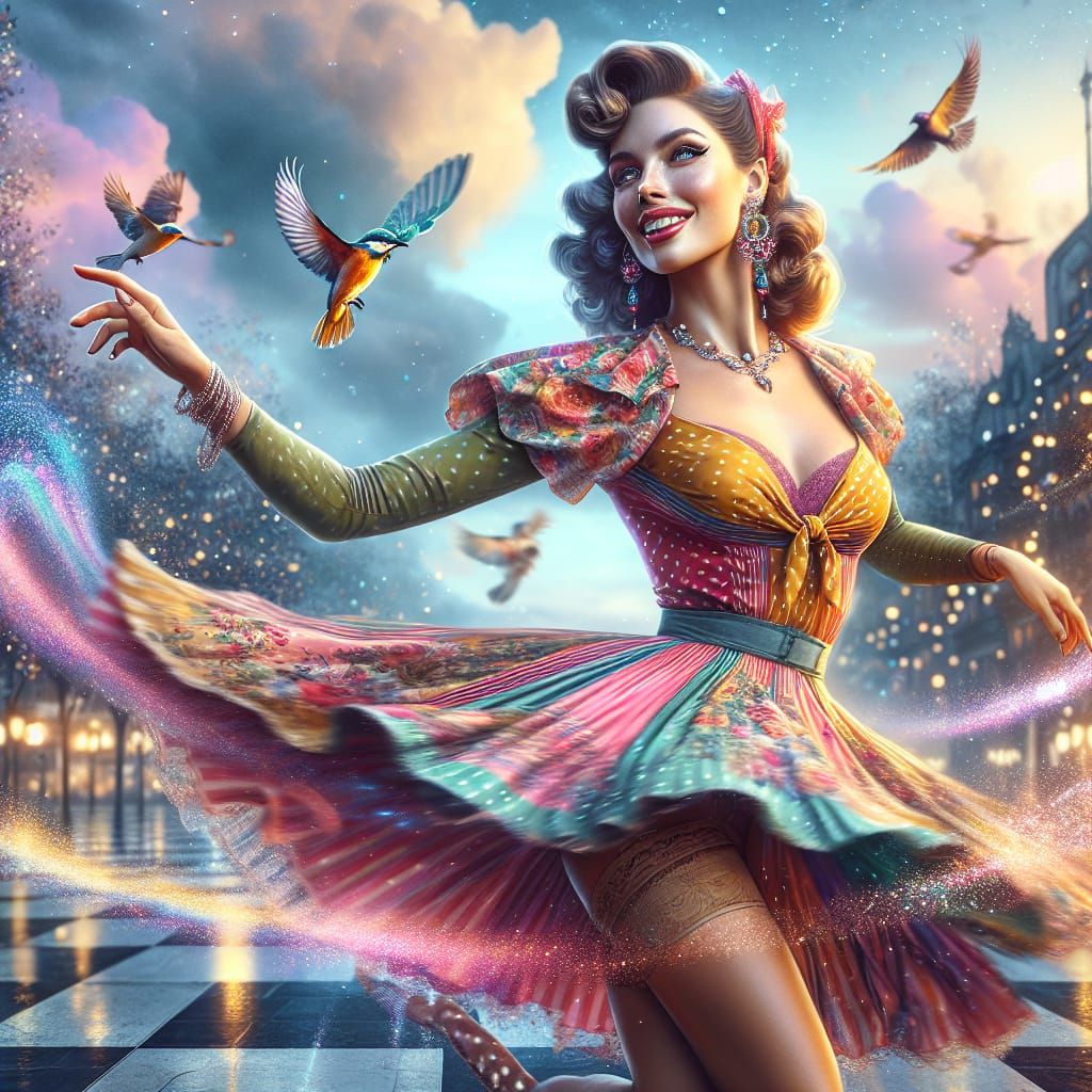 Woman Dancing in City Square at Midnight