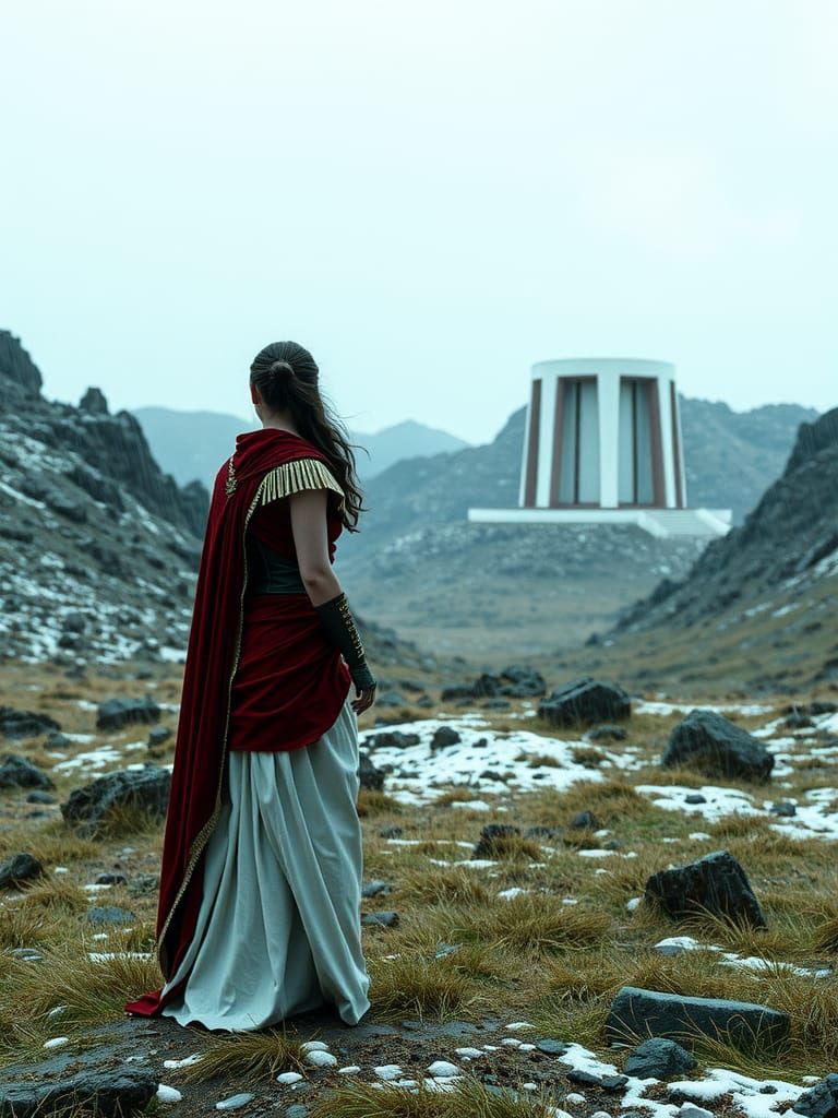 Futuristic Roman Woman in Snowy Landscape