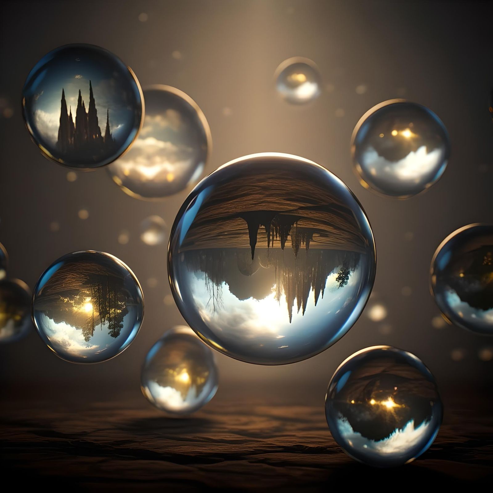 Floating Crystal Balls Displaying Fantasy Scenes