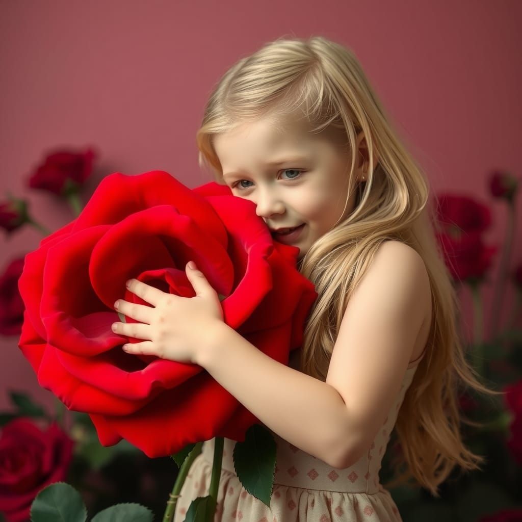 Girl Embraces Giant Red Rose