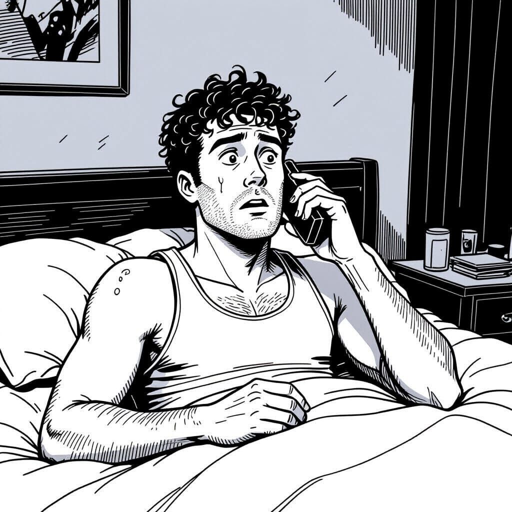 Man Wakes To Urgent Call In Messy Bedroom Line Drawing