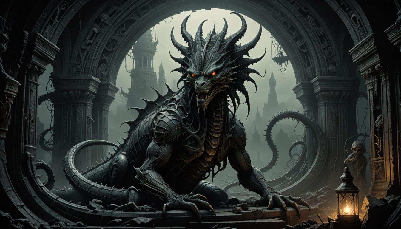 Majestic Basilisk in Ancient Ruins, Illuminated by Flickerin...