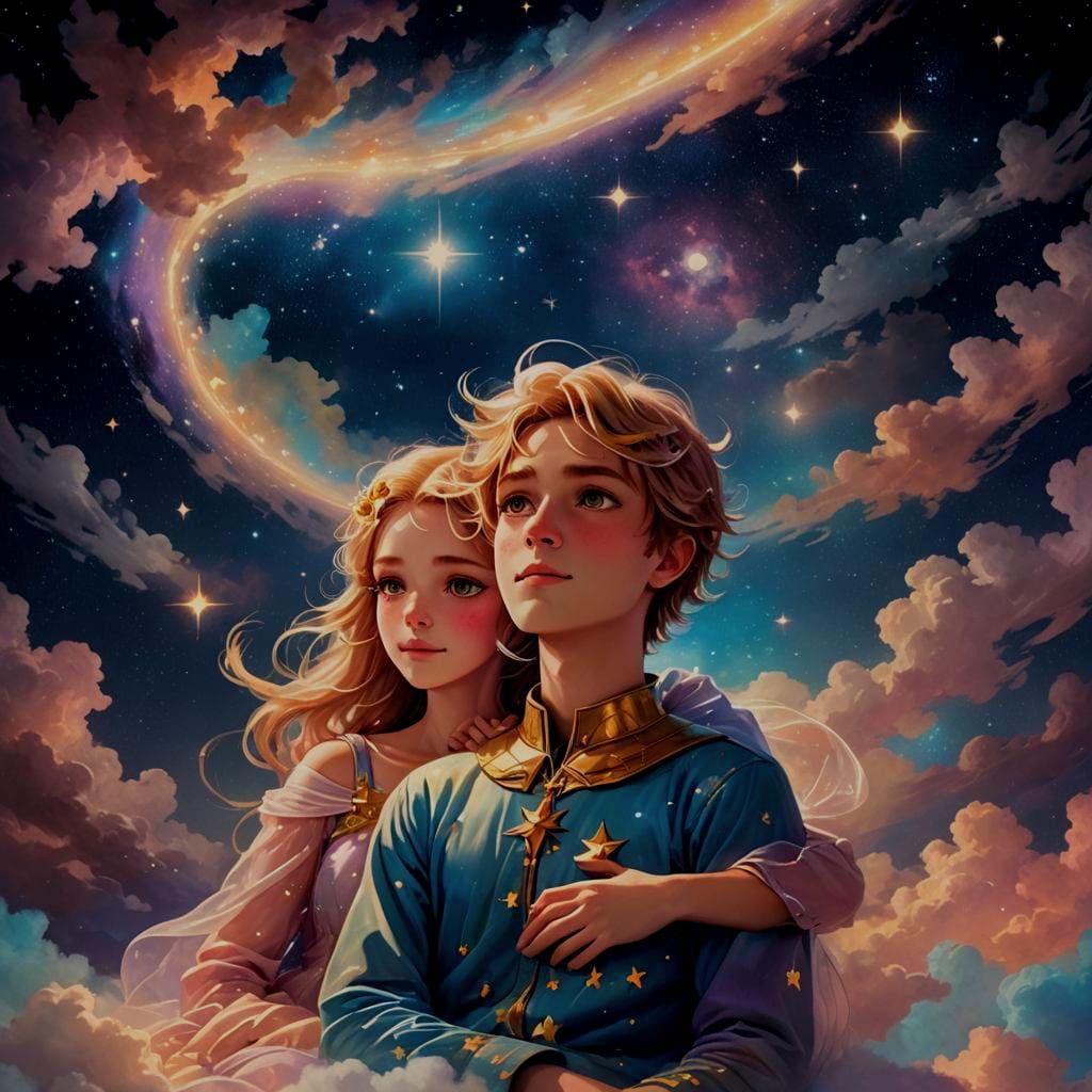 Heavenly Stargirl Floating in Galaxy Night