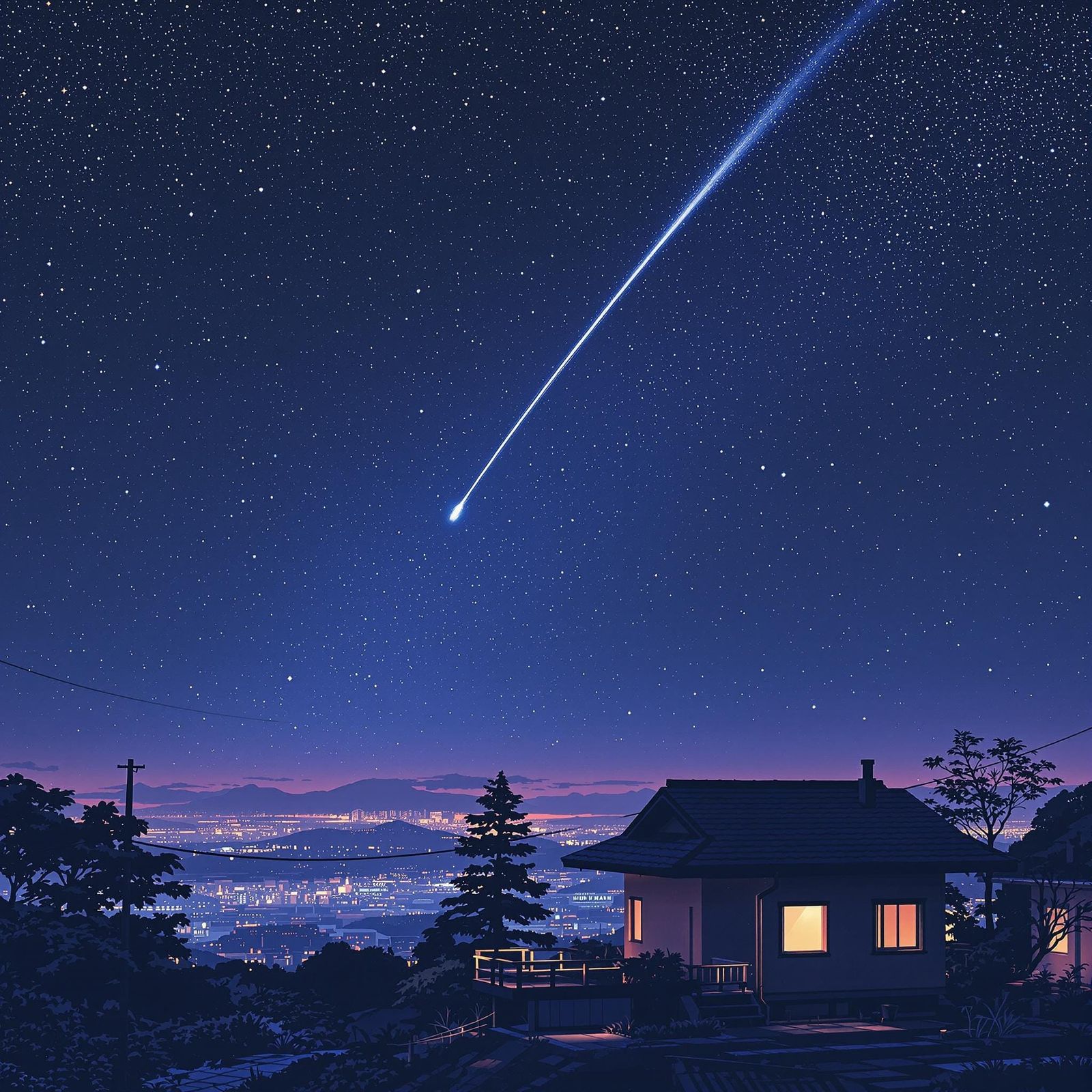 Vinyl Under Starry Night Sky in Retro Japanese Cityscape