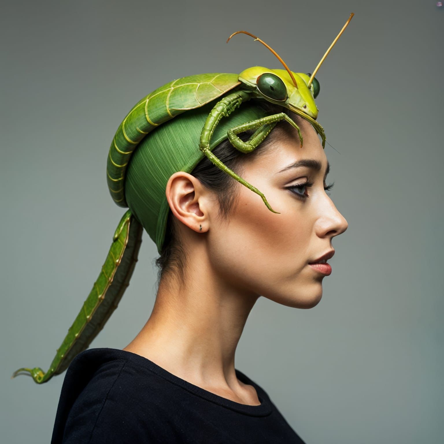 A Woman Wears a Praying Mantis Inspired Green Hat with Feele...