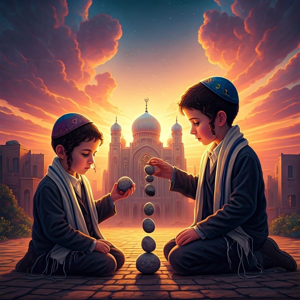 Two Jewish Children Play Near Vibrant Synagogue in Sunset-Li...