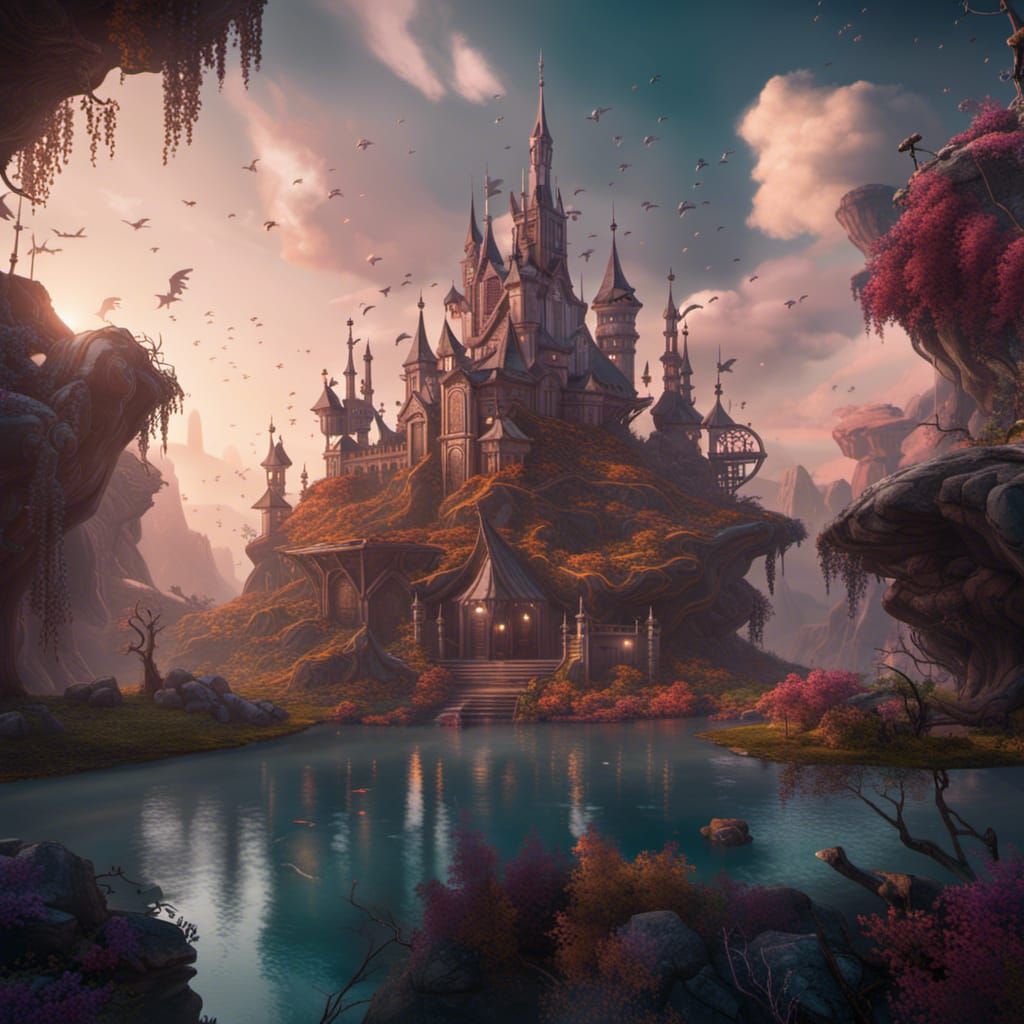 Fantastical Dreamscape in Deep Color, Detailed Matte Paintin...