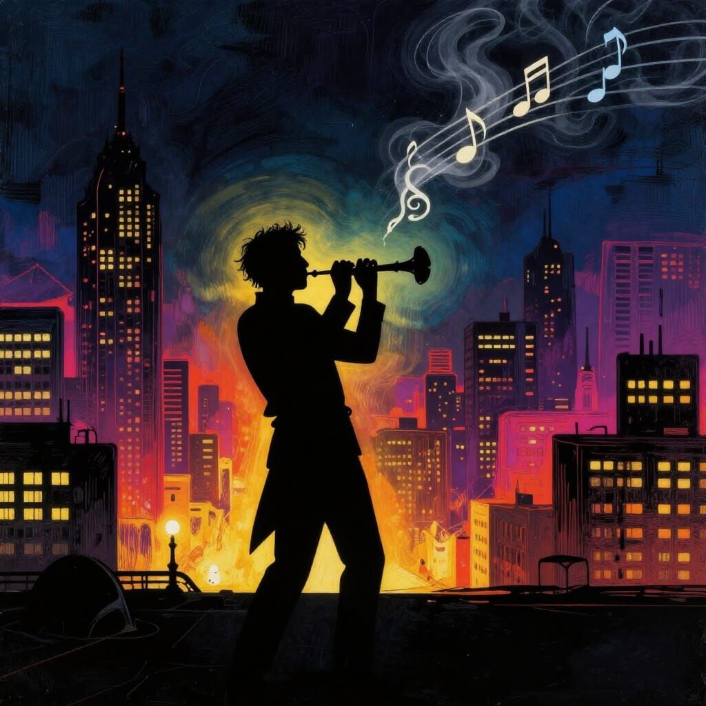 Musician Silhouette Against City Glow, Notes Ascend