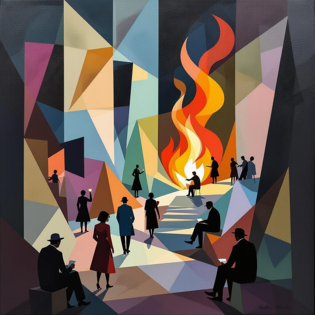 Cubist Painting of Daily Life Interrupted by Fire