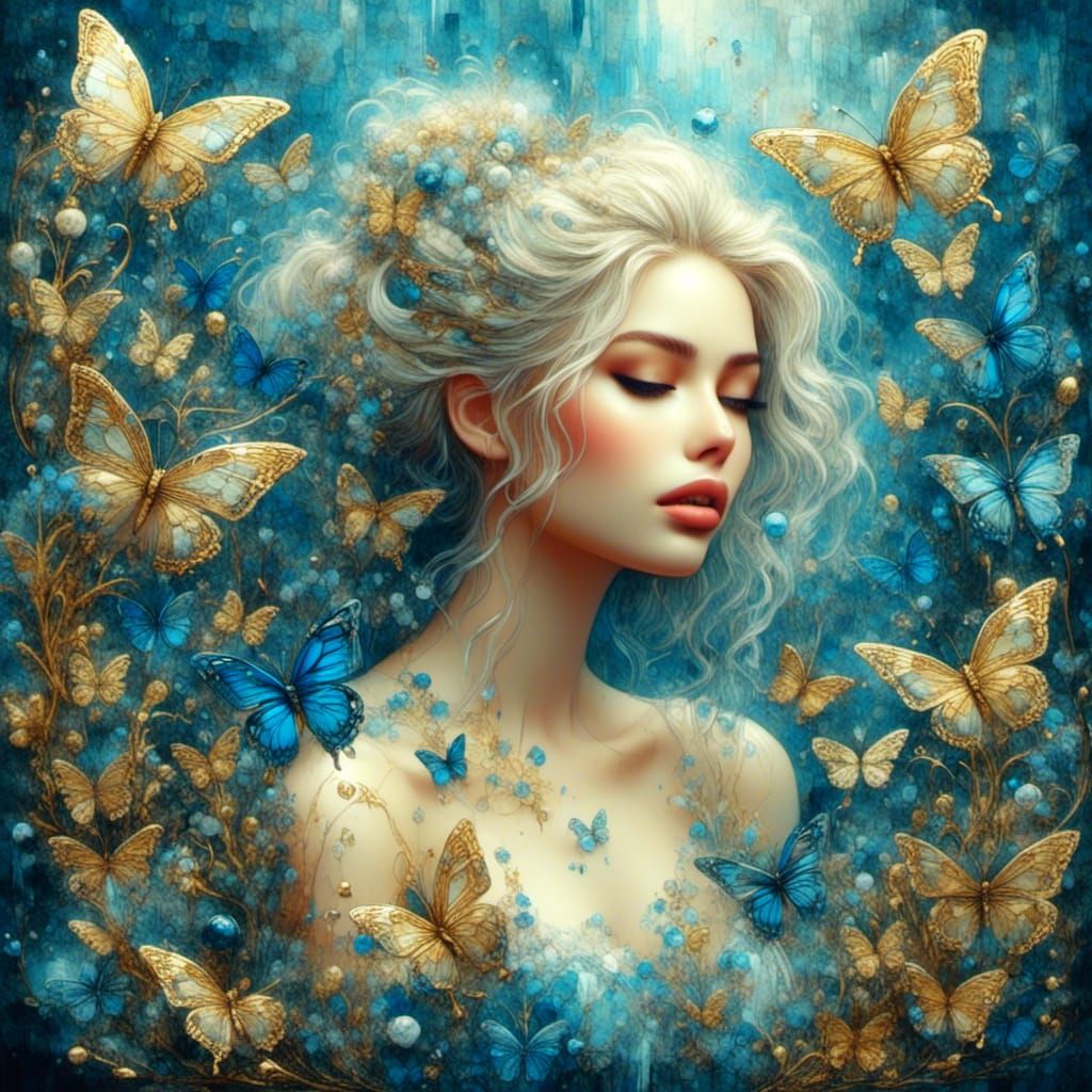 Sapphire Butterfly in Underwater Garden: Oil Painting