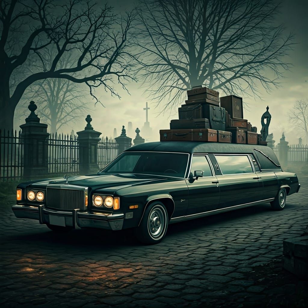 Hearse Limousine Hauling Antiques in Cyberpunk Style