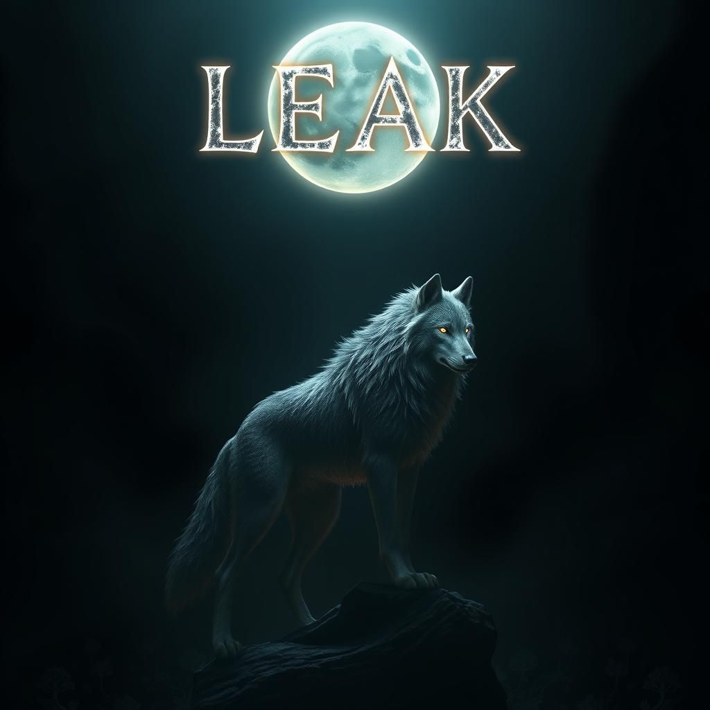 Majestic Wolf with 'LEAK' Text in Dark Fantasy Style
