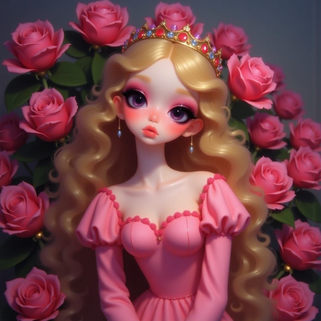 Sleeping Beauty Portrait with Golden Hair and Pink Roses
