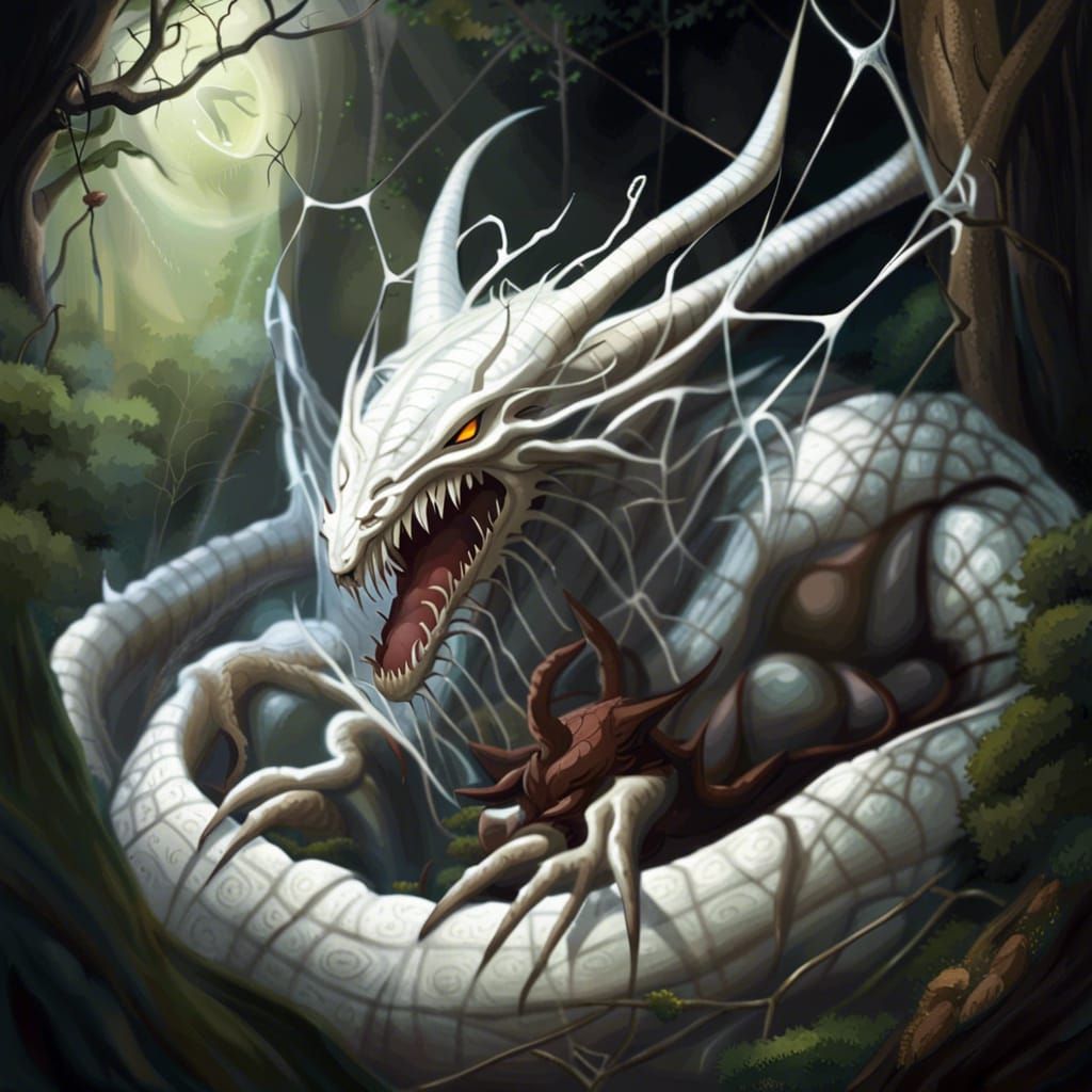 Dragon Cocooned by Spider Demon in Forest