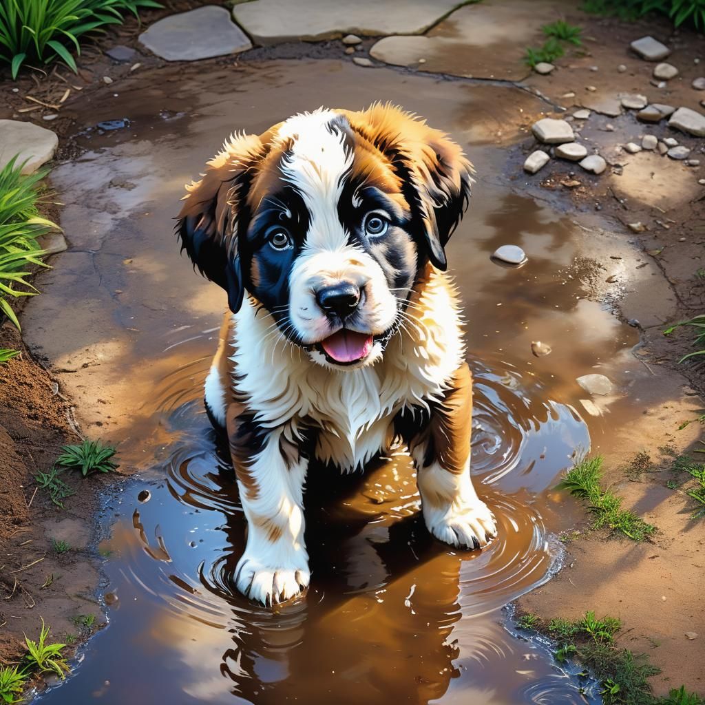 Hyperrealistic St. Bernard Puppy Plays in Puddle