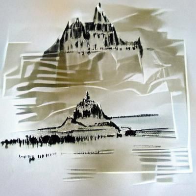 Mont Saint-Michel: Lithograph Sketch in Black and White