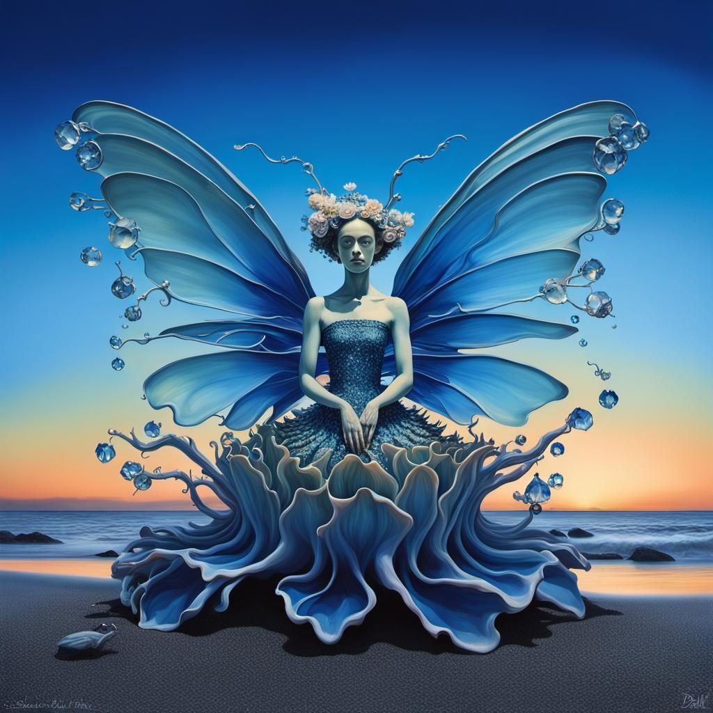 Sea Flower Fairy with Crystal Wings, Surrealist Painting