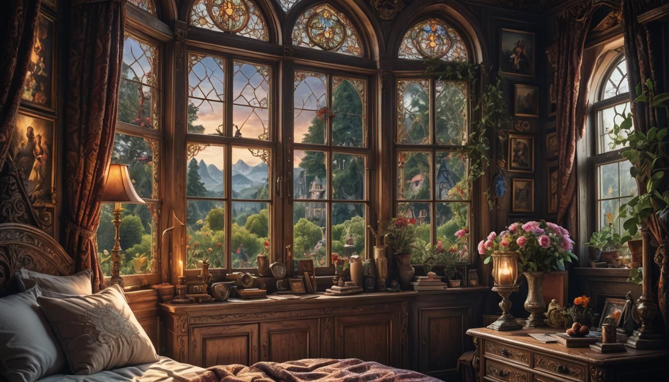 Cozy Bedroom Overlooking Mountain Lake: Hyperrealistic Image