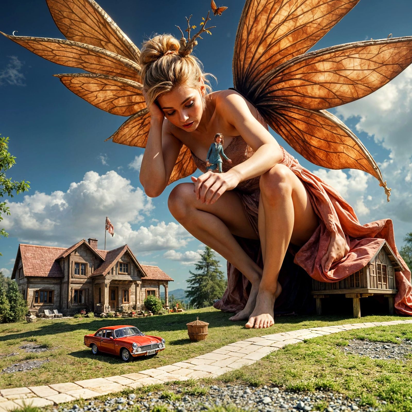 Giant Fairy with Miniature House, Hyperrealistic Art
