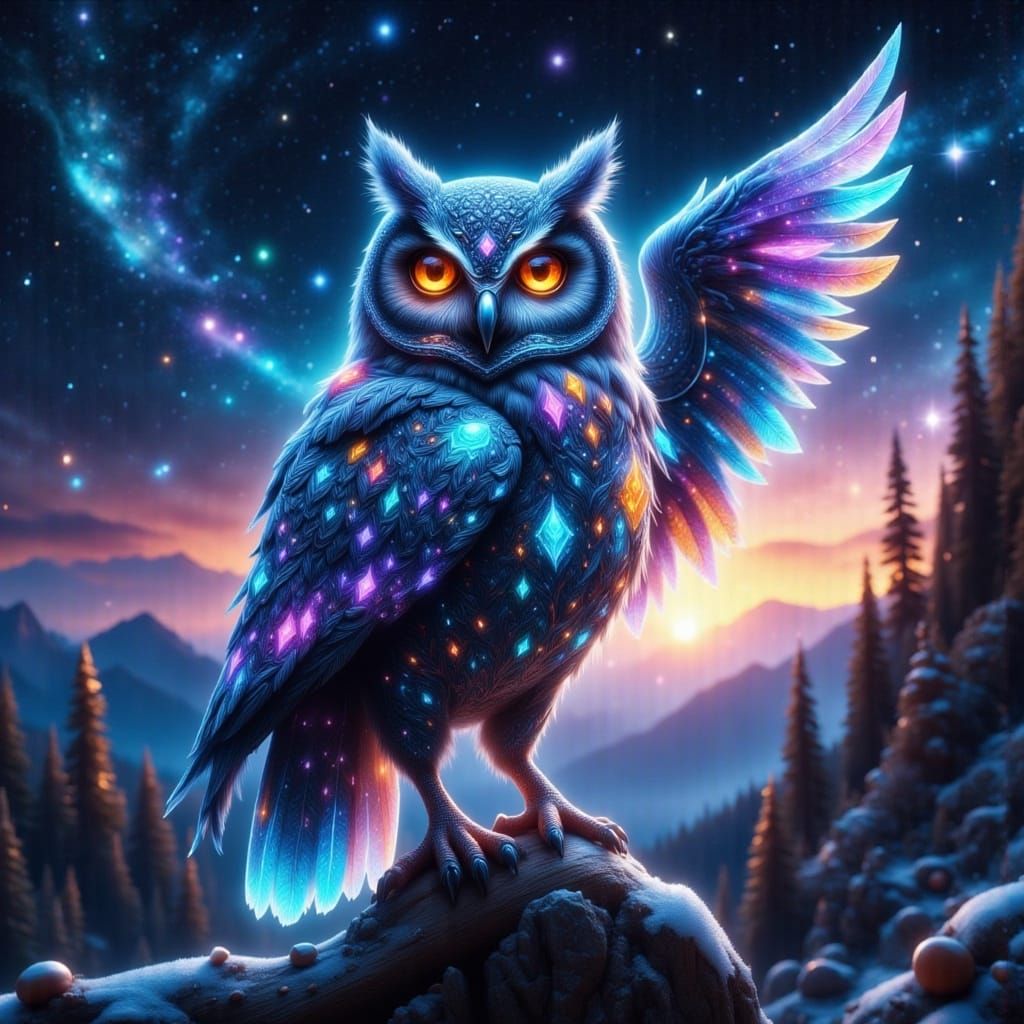Majestic Celestial Owl in Ethereal 3D Anime Art