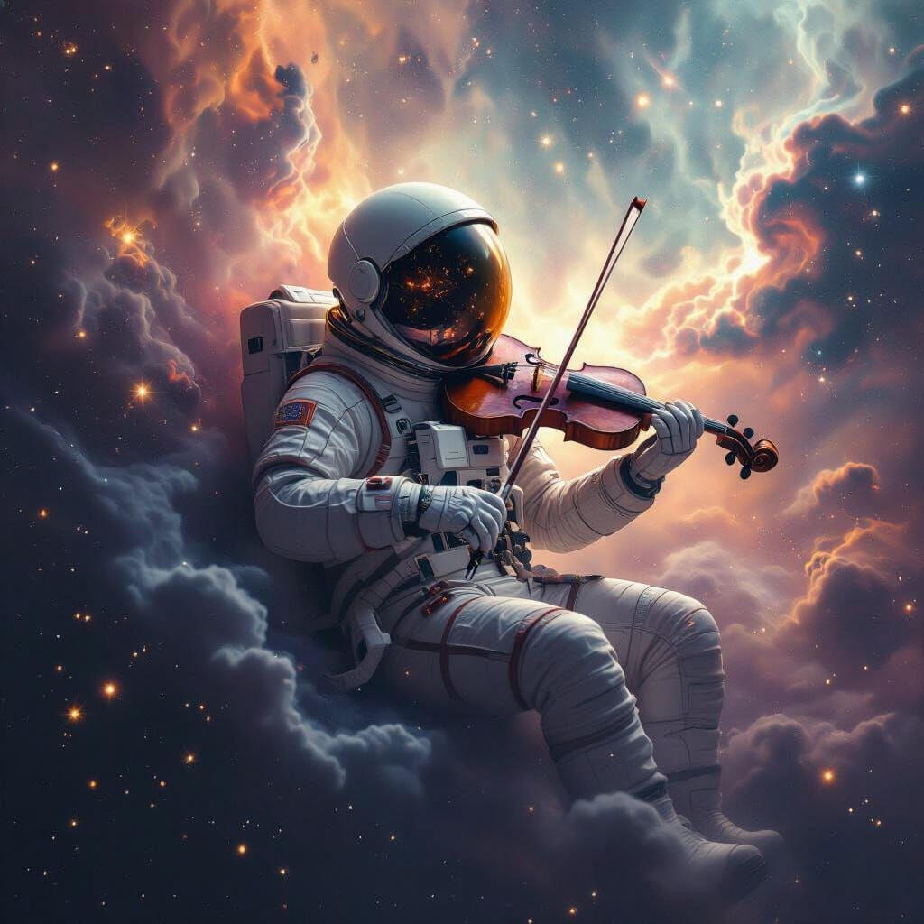 Astronaut Adrift with Violin in Galactic Nebula