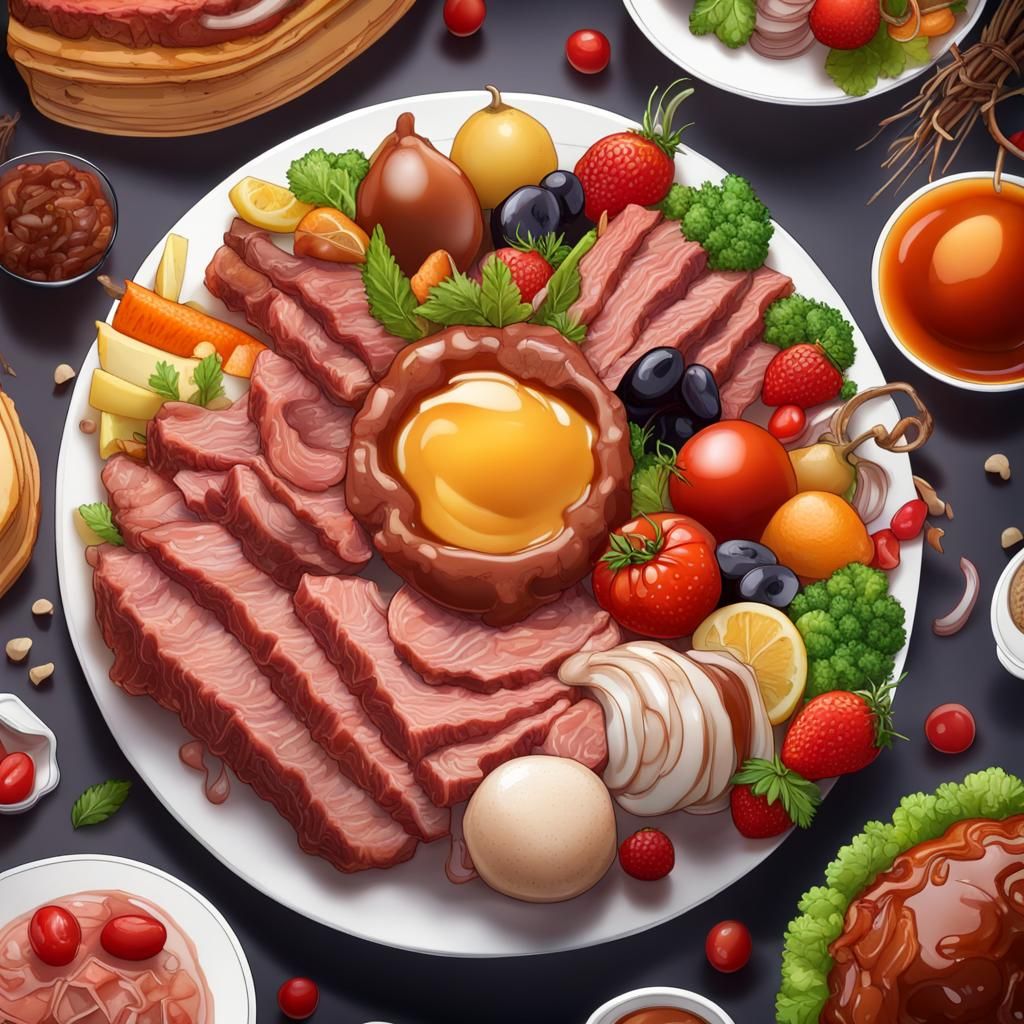 Hyperdetailed Food Still Life with Meat, Fruit and Pudding