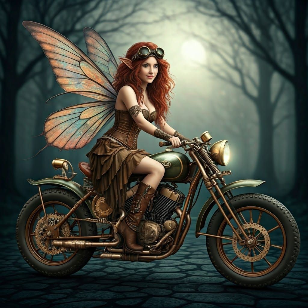 Whimsical Fairy on Steam-Powered Motorcycle