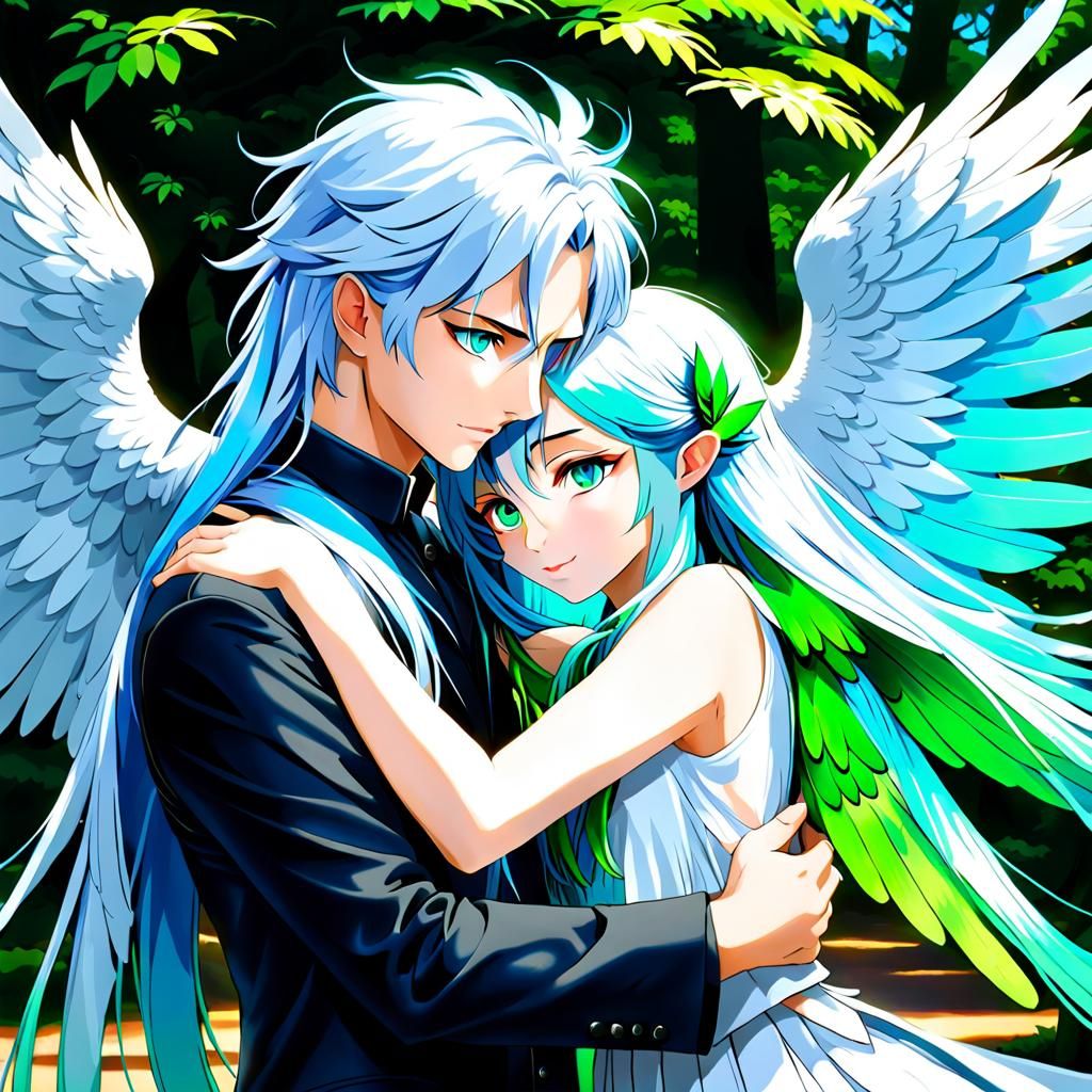 Man with Wings Embraces Woman in Flight