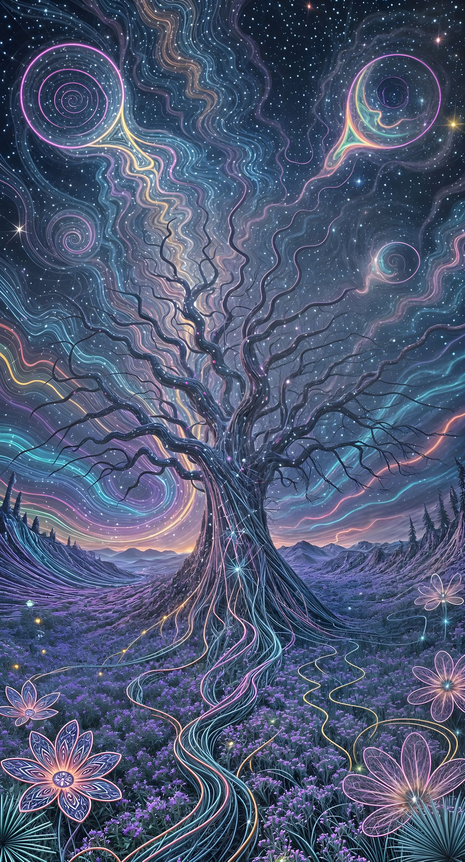 Electric Liquid Dreamscape with Glowing Spores and Soft Grav...