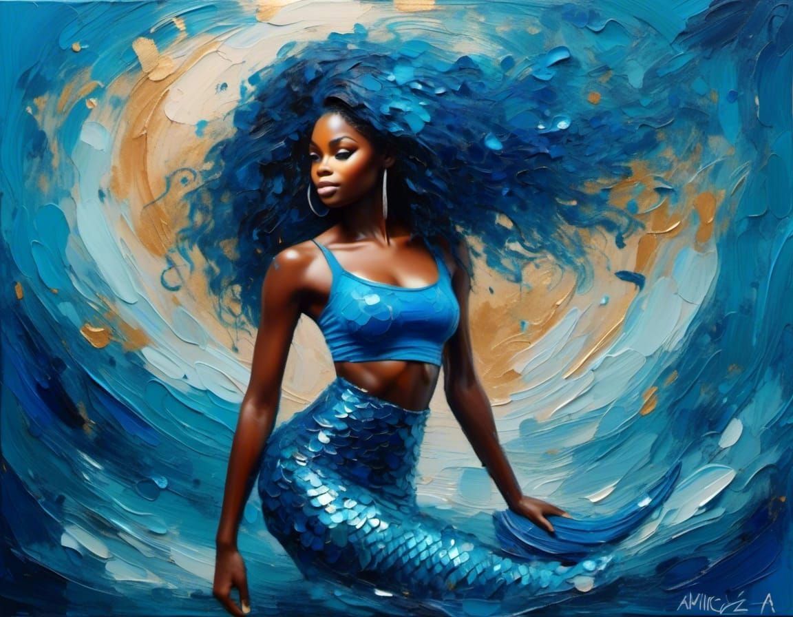 Blue-Scaled Mermaid in Impressionistic Oil Painting