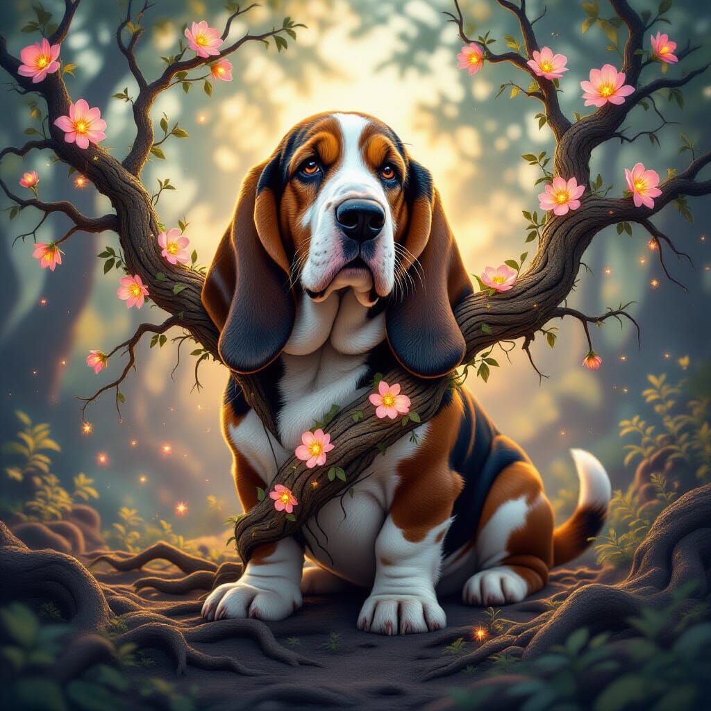 Ancient Basset Hound Tree in Nebula, Glowing Flowers