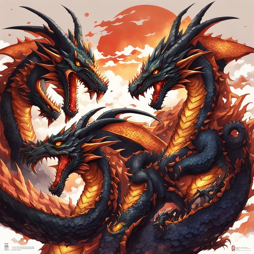 Three-Headed Dragon in Anime Style